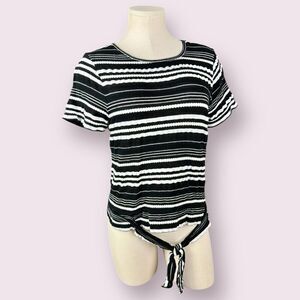 NAUTICA Black and White Stripped Tie Front Blouse | Medium